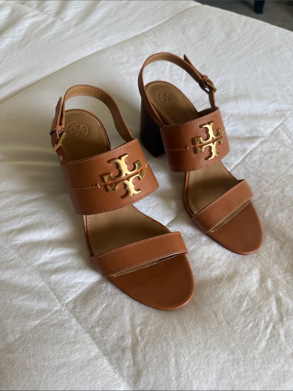 Tory Burch Tan Leather Block Heel Sandals with Gold Logo